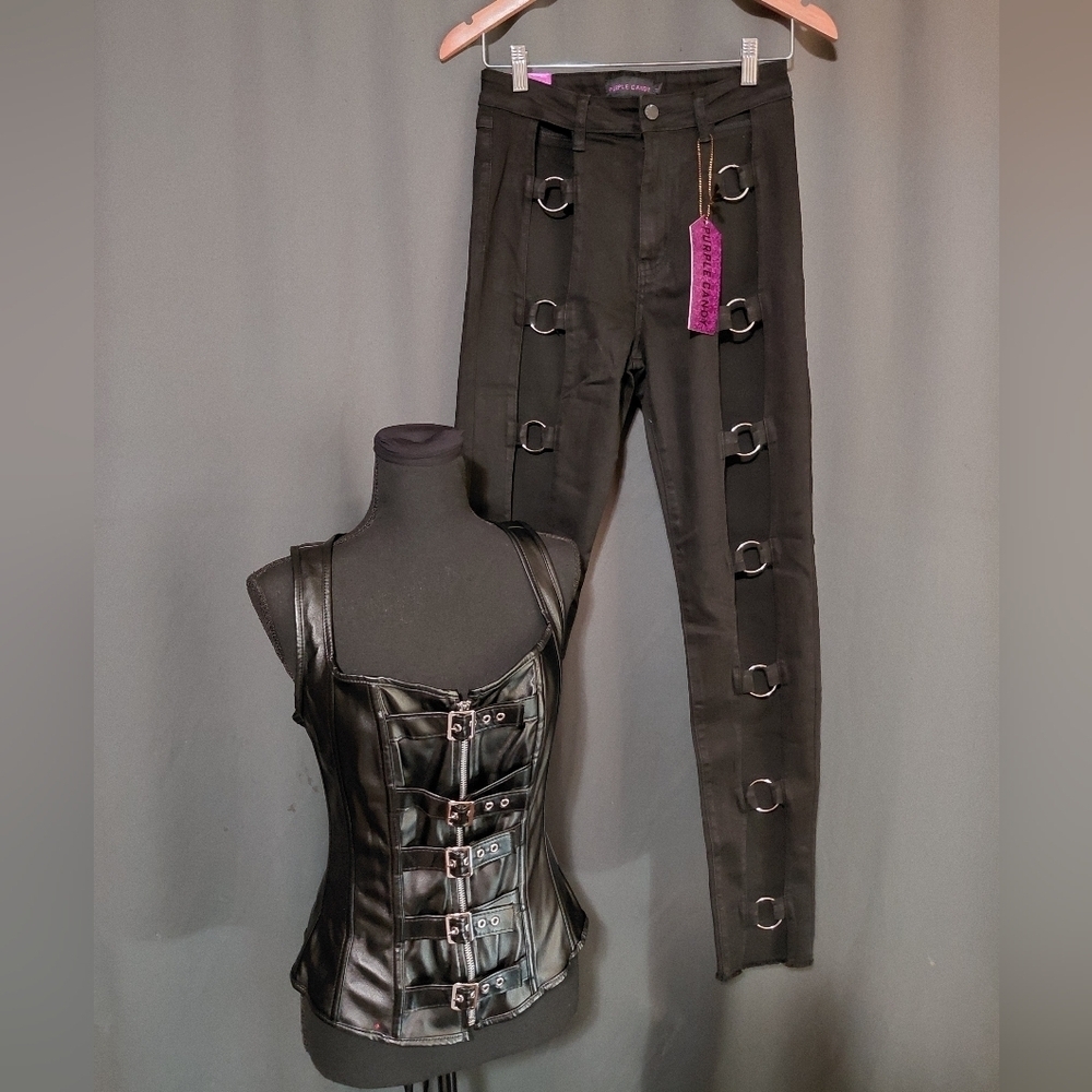 Goth Punk Faux Leather Corset & Purple Candy O-Ring High-Rise Pants Size Medium